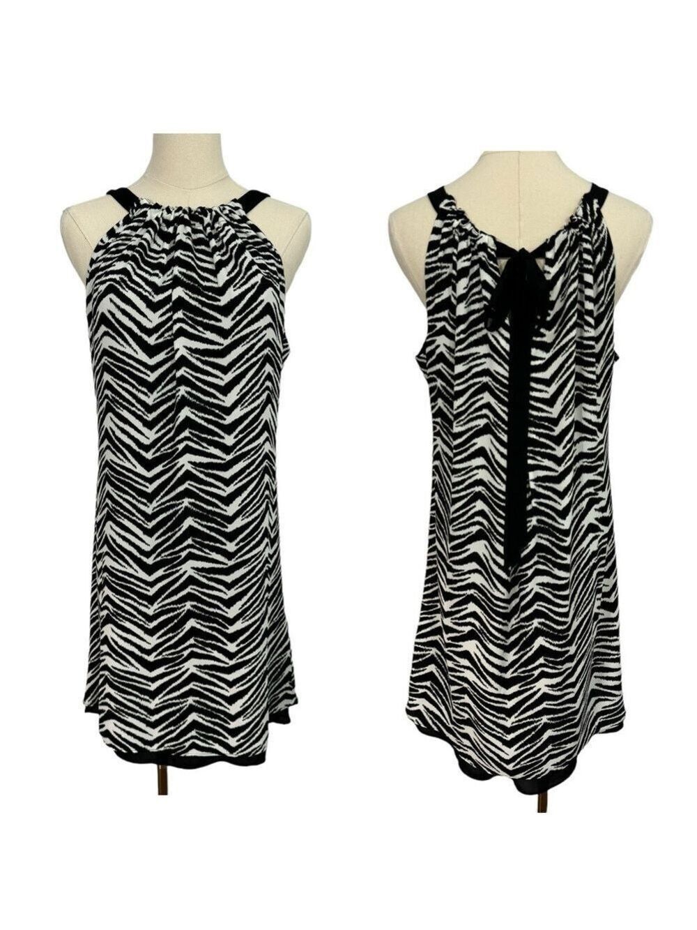 WHBC Animal Print Cocktail Dress Sz 8P Black White Zebra Halter Party Sexy EUC